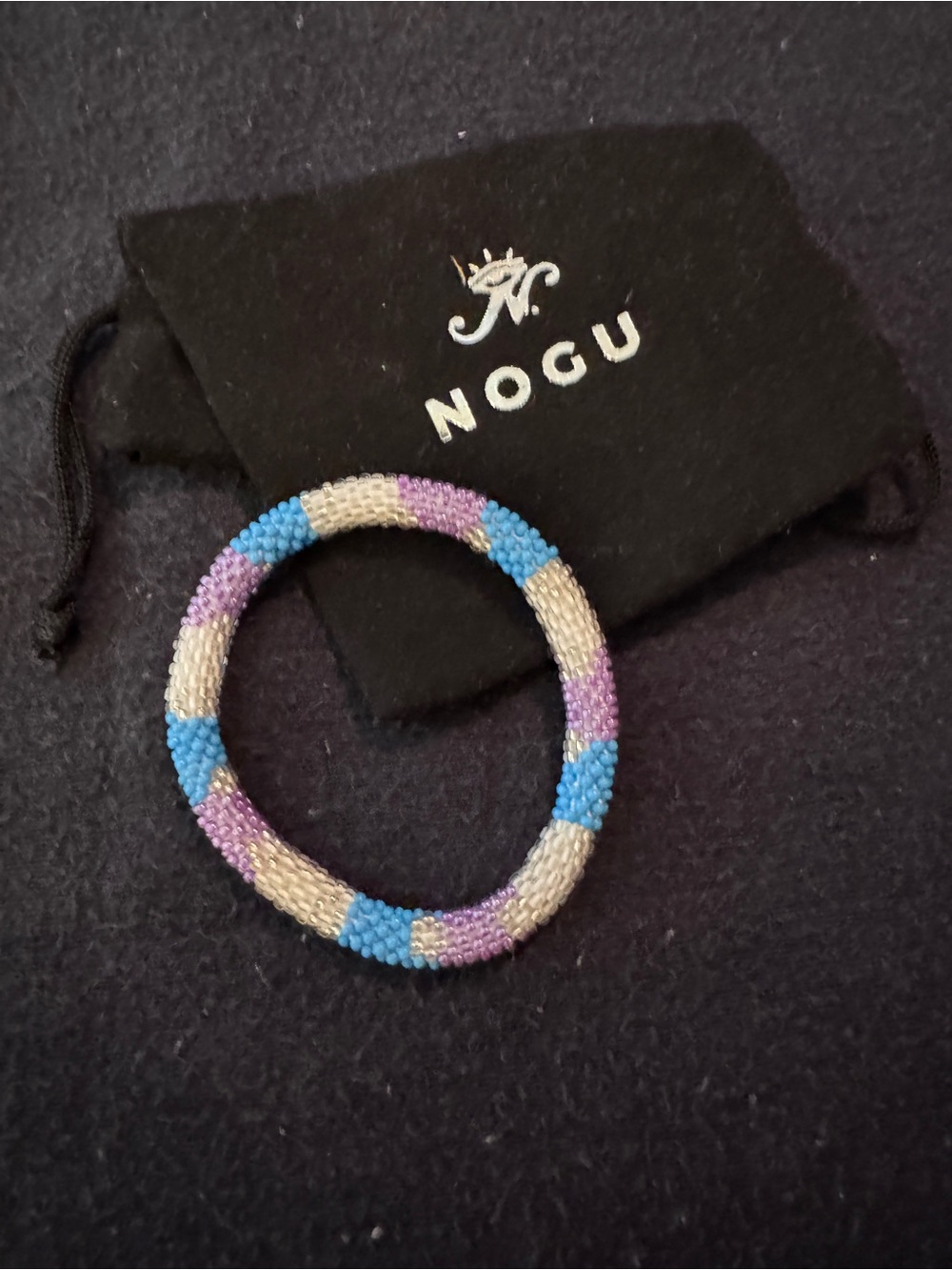 NOGU Himalayan Beaded Bracelet in Blue, Purple & Cream tiny beads